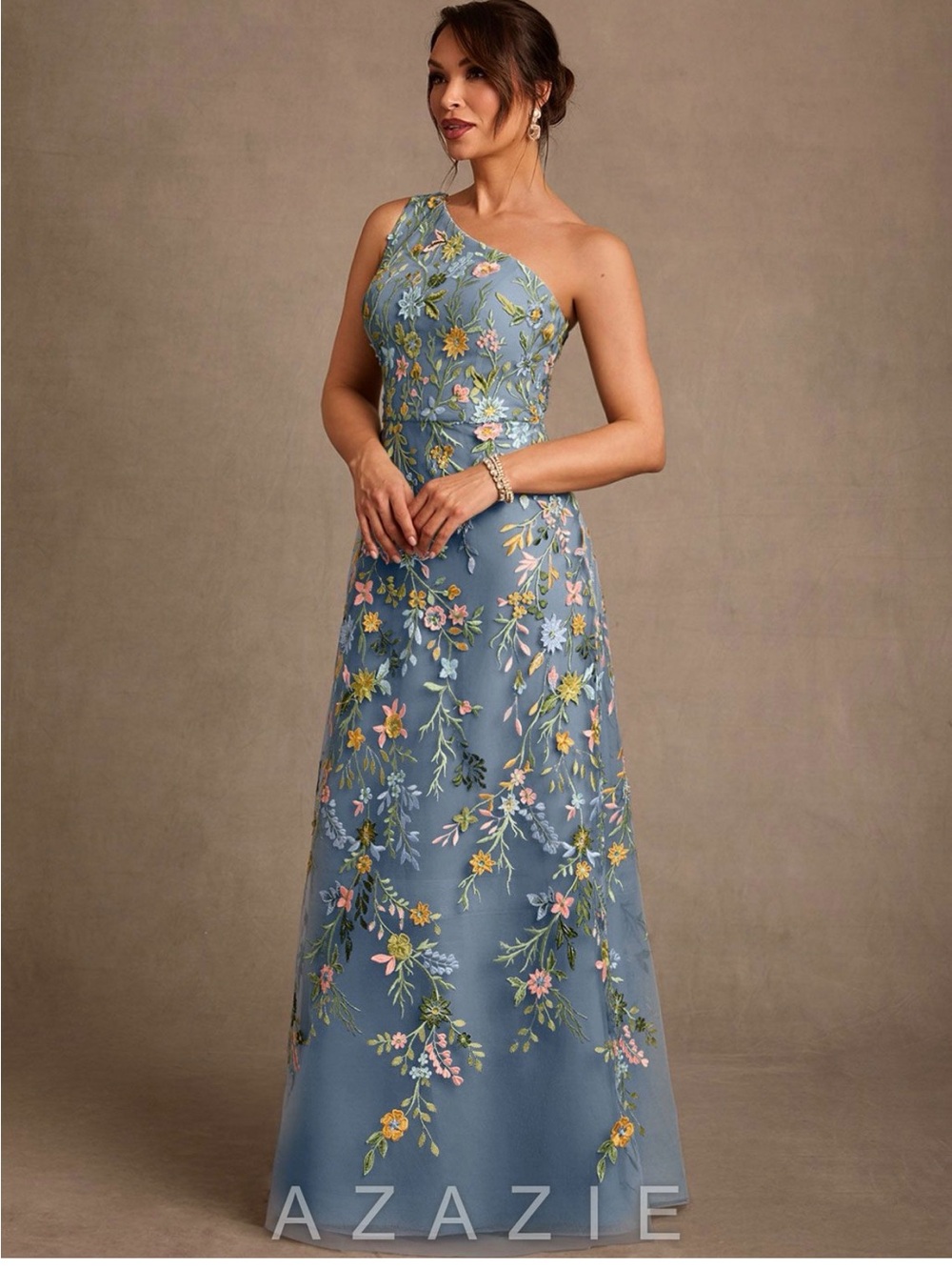 Azazie One-Shoulder Dusty Blue Floral Embroidered Gown - Picture 5 of 8